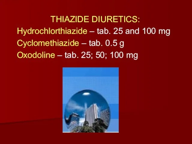 THIAZIDE DIURETICS: Hydrochlorthiazide – tab. 25 and 100 mg Cyclomethiazide – tab. 0.5