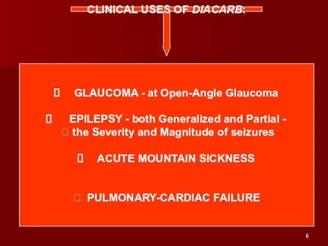CLINICAL USES OF DIACARB: GLAUCOMA - at Open-Angle Glaucoma EPILEPSY - both Generalized