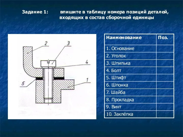 Задание 1: впишите в таблицу номера позиций деталей, входящих в состав сборочной единицы
