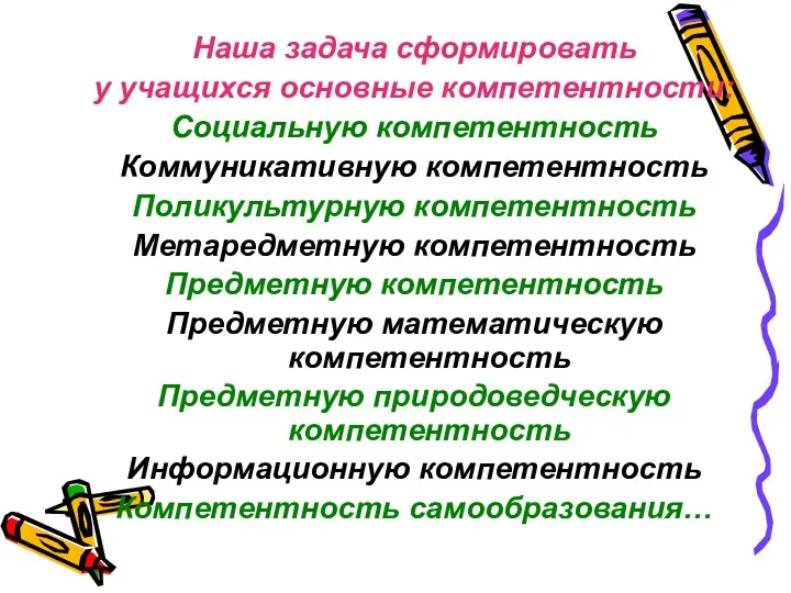 Наша задача сформировать у учащихся основные компетентности: Социальную компетентность Коммуникативную