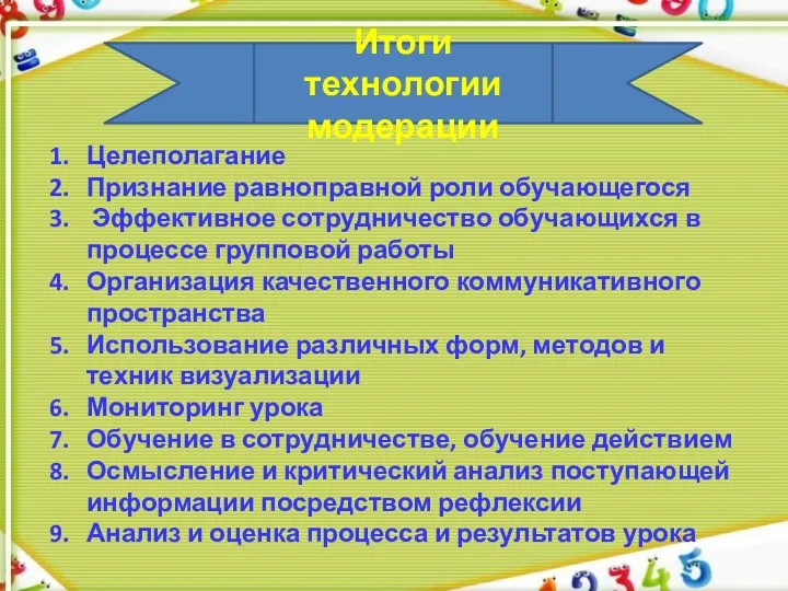 Итоги технологии модерации Целеполагание Признание равноправной роли обучающегося Эффективное сотрудничество обучающихся в процессе