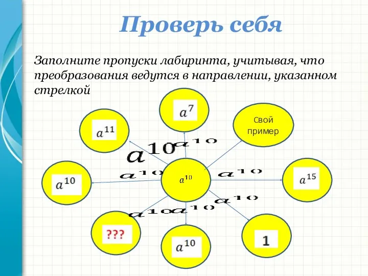 Проверь себя Заполните пропуски лабиринта, учитывая, что преобразования ведутся в направлении, указанном стрелкой Cвой пример