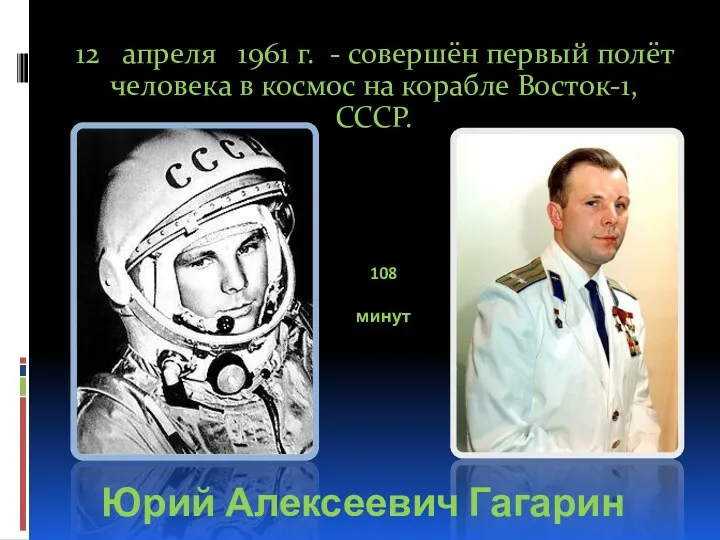 12 апреля 1961 г. - совершён первый полёт человека в