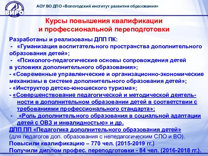 АОУ ВО ДПО «Вологодский институт развития образования» Курсы повышения квалификации