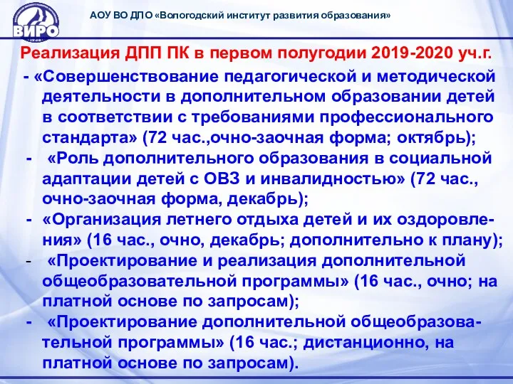 АОУ ВО ДПО «Вологодский институт развития образования» Реализация ДПП ПК в первом полугодии