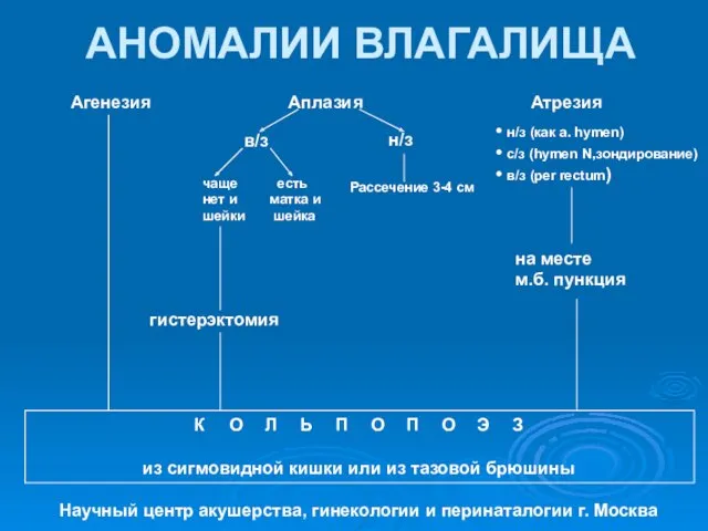 АНОМАЛИИ ВЛАГАЛИЩА Агенезия Аплазия Атрезия чаще есть нет и матка