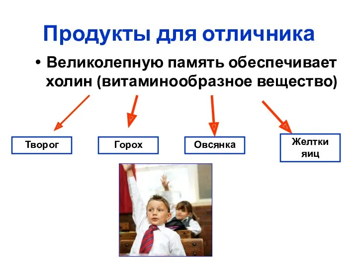 Продукты для отличника Великолепную память обеспечивает холин (витаминообразное вещество) Творог Горох Овсянка Желтки яиц