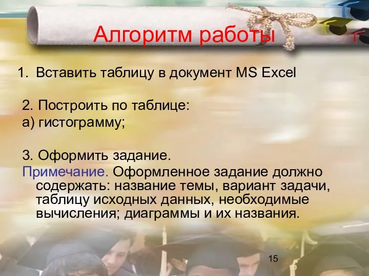 Алгоритм работы Вставить таблицу в документ MS Excel 2. Построить по таблице: а)