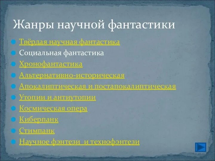 Твёрдая научная фантастика Социальная фантастика Хронофантастика Альтернативно-историческая Апокалиптическая и постапокалиптическая