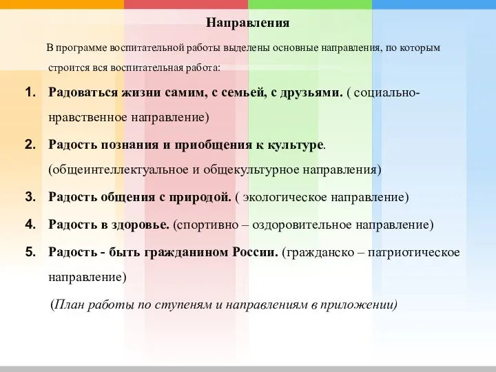 Направления В программе воспитательной работы выделены основные направления, по которым