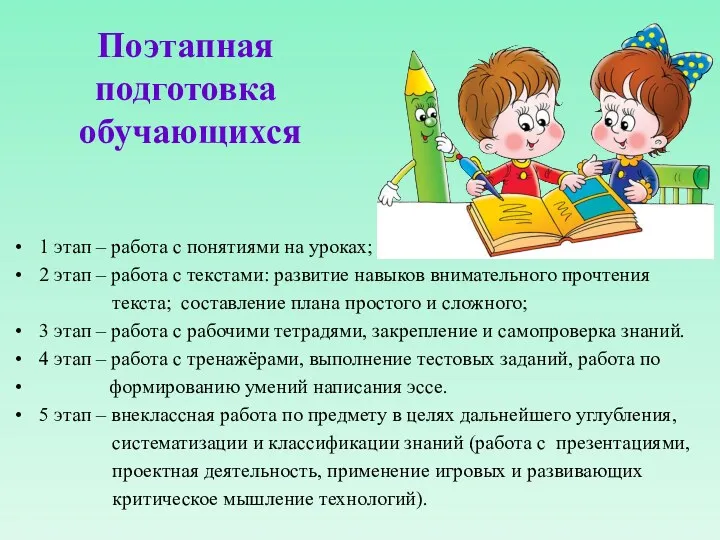 Поэтапная подготовка обучающихся 1 этап – работа с понятиями на