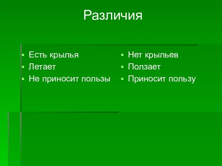 Различия Есть крылья Летает Не приносит пользы Нет крыльев Ползает Приносит пользу