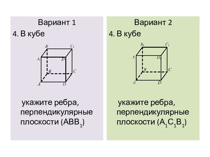 Вариант 1 4. В кубе укажите ребра, перпендикулярные плоскости (АВВ1) Вариант 2 4.