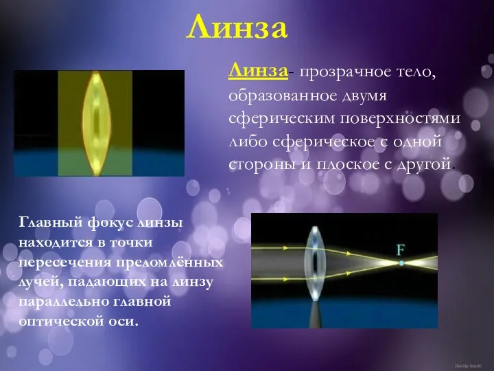 Линза- прозрачное тело, образованное двумя сферическим поверхностями либо сферическое с