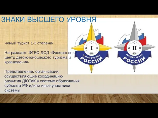 «юный турист 1-3 степени» Награждает: ФГБО ДОД «Федеральный центр детско-юношеского