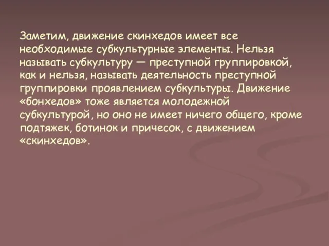 Заметим, движение скинхедов имеет все необходимые субкультурные элементы. Нельзя называть