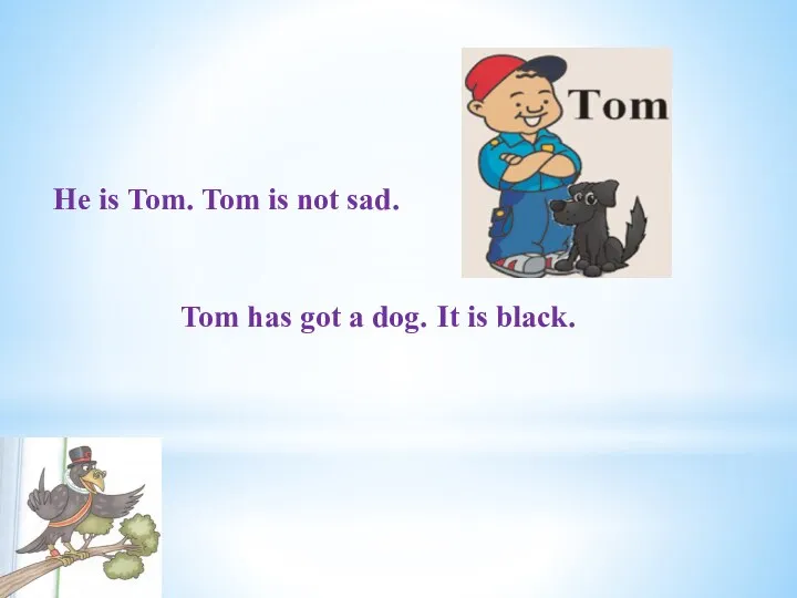 He is Tom. Tom is not sad. Tom has got a dog. It is black.