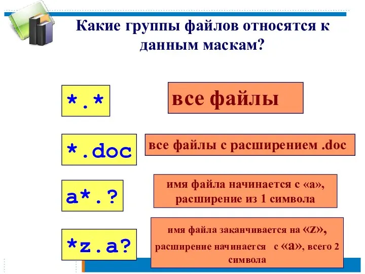 *.* Какие группы файлов относятся к данным маскам? *.doc a*.?