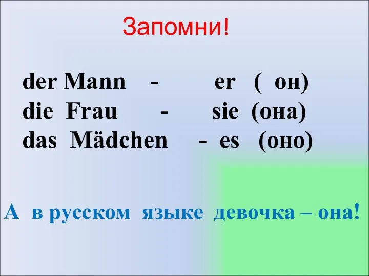 Запомни! der Mann - er ( он) die Frau - sie (она) das