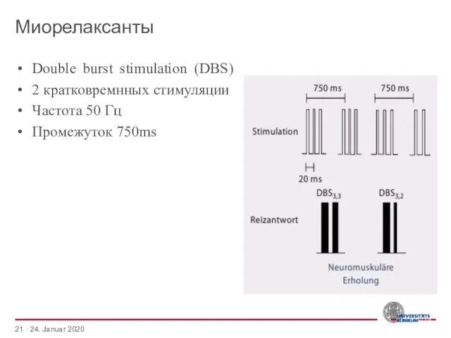 Миорелаксанты Double burst stimulation (DBS) 2 кратковремнных стимуляции Частота 50
