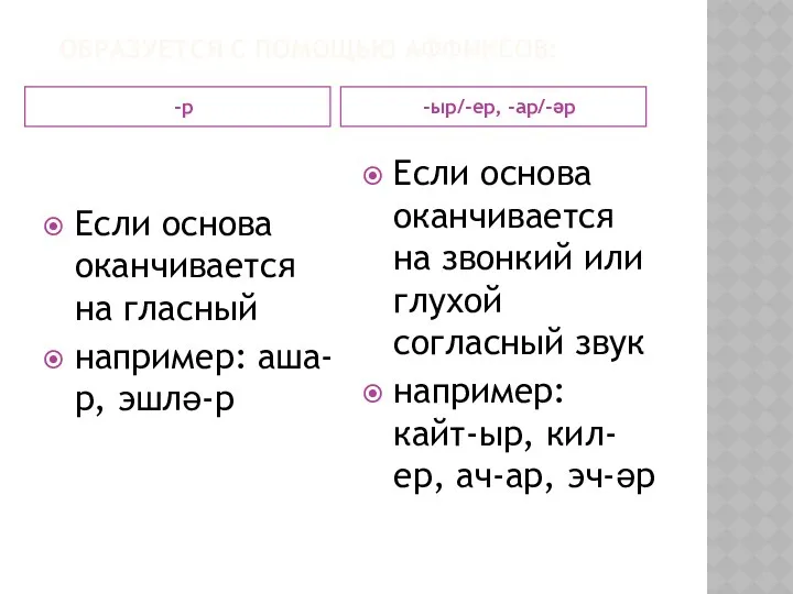 ОБРАЗУЕТСЯ С ПОМОЩЬЮ АФФИКСОВ: -р -ыр/-ер, -ар/-әр Если основа оканчивается