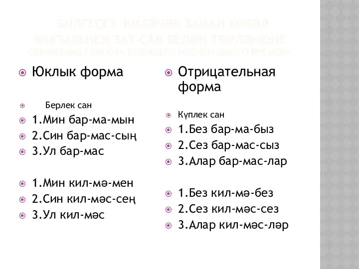 БИЛГЕСЕЗ КИЛӘЧӘК ЗАМАН ХИКӘЯ ФИГЫЛЬНЕҢ ЗАТ-САН БЕЛӘН ТӨРЛӘНЕШЕ СПРЯЖЕНИЕ ГЛАГОЛА