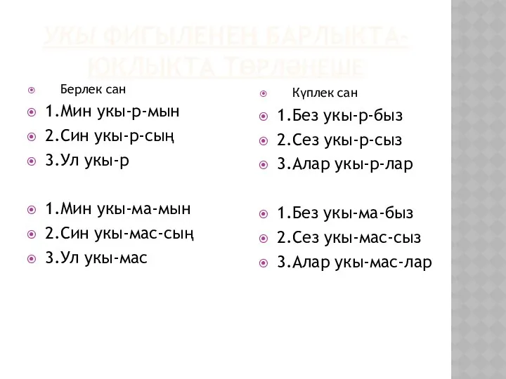 УКЫ ФИГЫЛЕНЕҢ БАРЛЫКТА-ЮКЛЫКТА ТӨРЛӘНЕШЕ Берлек сан 1.Мин укы-р-мын 2.Син укы-р-сың