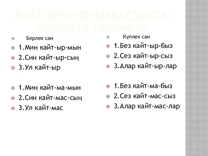 КАЙТ ФИГЫЛЕНЕҢ БАРЛЫКТА–ЮКЛЫКТА ТӨРЛӘНЕШЕ Берлек сан 1.Мин кайт-ыр-мын 2.Син кайт-ыр-сың