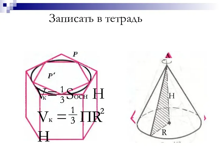 V= Sосн H к H R Записать в тетрадь