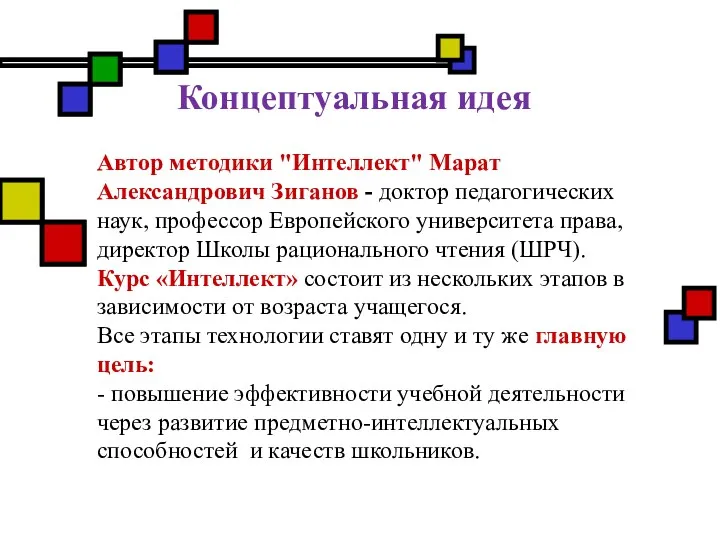 Концептуальная идея Автор методики "Интеллект" Марат Александрович Зиганов - доктор