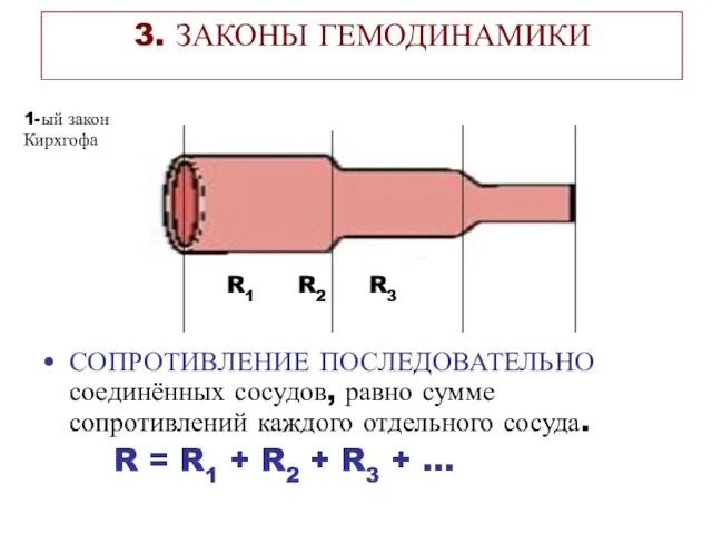 3. ЗАКОНЫ ГЕМОДИНАМИКИ СОПРОТИВЛЕНИЕ ПОСЛЕДОВАТЕЛЬНО соединённых сосудов, равно сумме сопротивлений