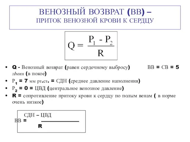 ВЕНОЗНЫЙ ВОЗВРАТ (ВВ) – ПРИТОК ВЕНОЗНОЙ КРОВИ К СЕРДЦУ Q