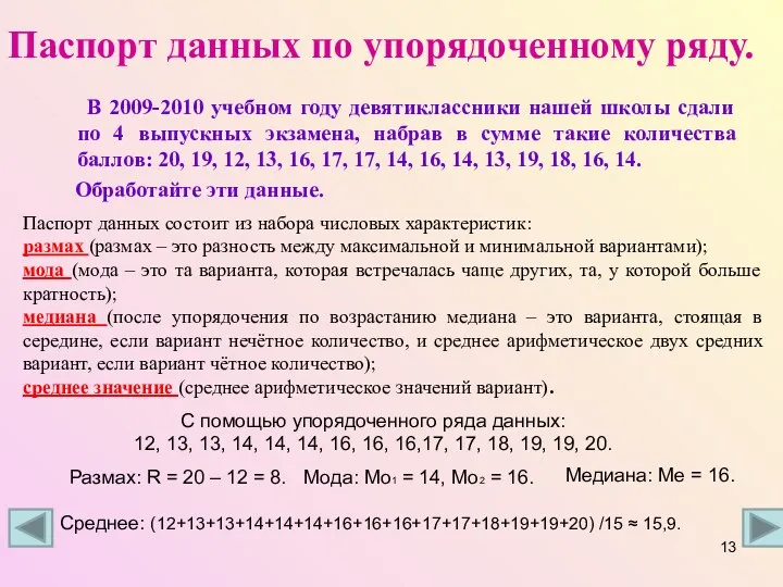 Паспорт данных по упорядоченному ряду. В 2009-2010 учебном году девятиклассники