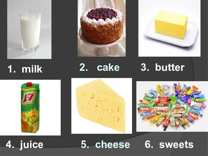 1. milk 2. cake 3. butter 4. juice 5. cheese 6. sweets