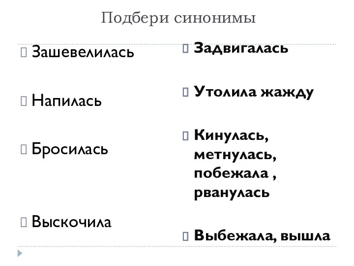 Подбери синонимы Зашевелилась Напилась Бросилась Выскочила Задвигалась Утолила жажду Кинулась, метнулась, побежала , рванулась Выбежала, вышла