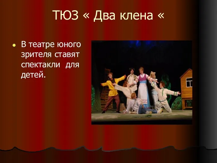 ТЮЗ « Два клена « В театре юного зрителя ставят спектакли для детей.