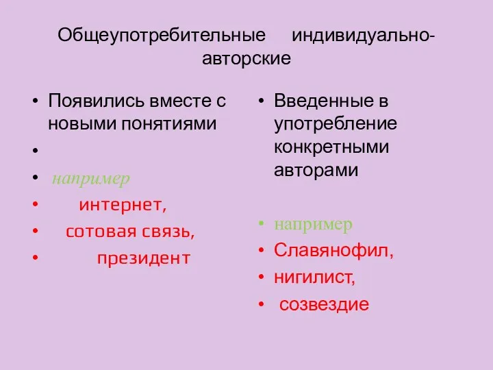 Общеупотребительные индивидуально-авторские Появились вместе с новыми понятиями например интернет, сотовая