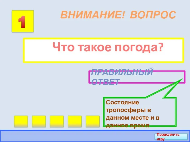 ВНИМАНИЕ! ВОПРОС Что такое погода? 1 Правильный ответ Состояние тропосферы