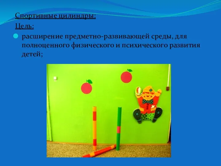 Спортивные цилиндры: Цель: расширение предметно-развивающей среды, для полноценного физического и психического развития детей;