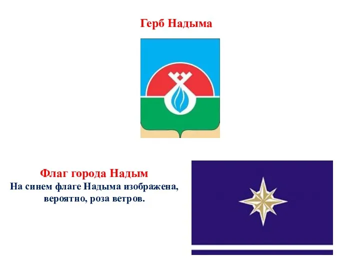 Флаг города Надым На синем флаге Надыма изображена, вероятно, роза ветров. Герб Надыма