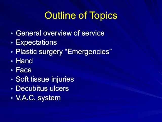 Outline of Topics General overview of service Expectations Plastic surgery