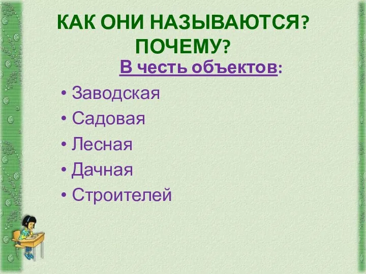 КАК ОНИ НАЗЫВАЮТСЯ? ПОЧЕМУ? В честь объектов: Заводская Садовая Лесная Дачная Строителей