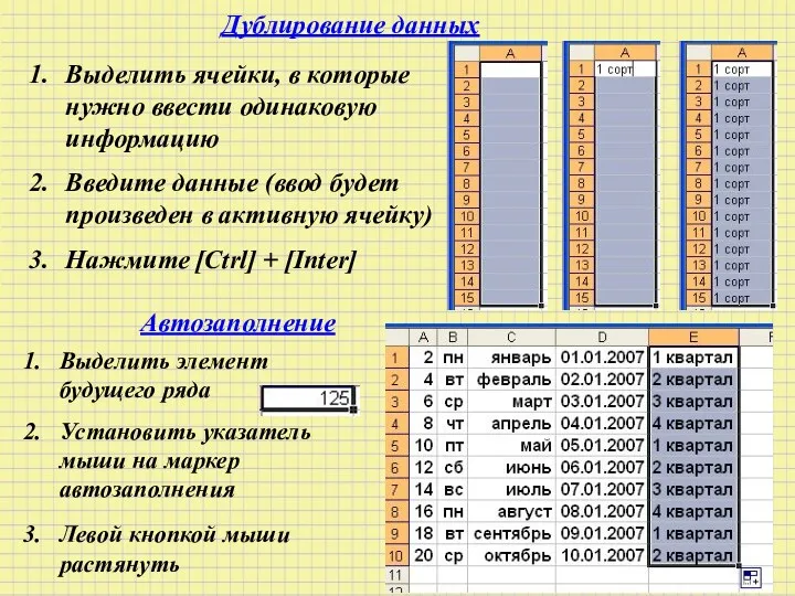 Дублирование данных Выделить ячейки, в которые нужно ввести одинаковую информацию