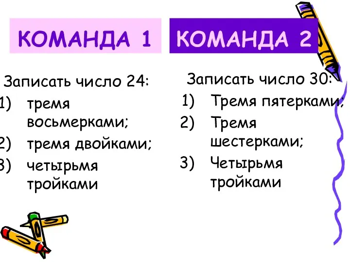 КОМАНДА 1 Записать число 24: тремя восьмерками; тремя двойками; четырьмя