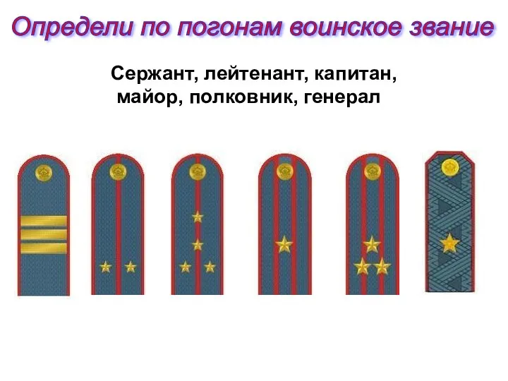 Определи по погонам воинское звание Сержант, лейтенант, капитан, майор, полковник, генерал