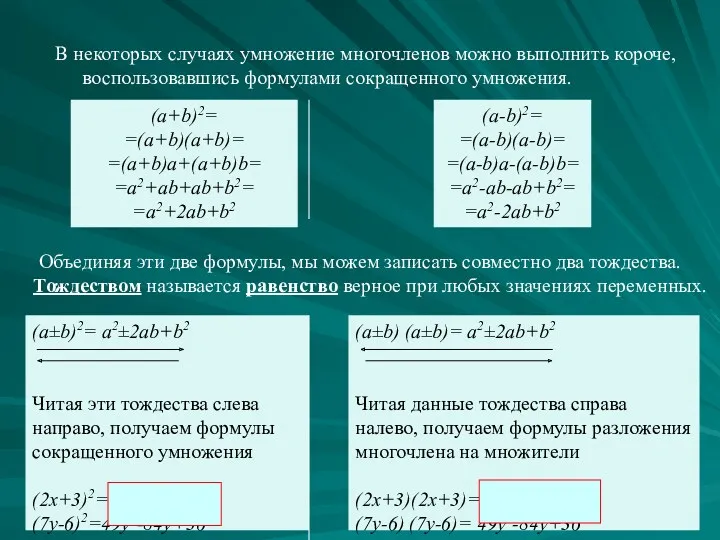 В некоторых случаях умножение многочленов можно выполнить короче, воспользовавшись формулами