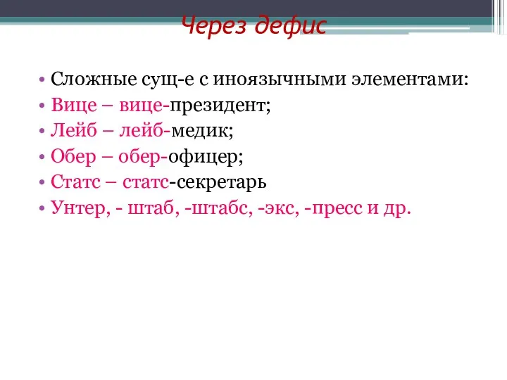 Через дефис Сложные сущ-е с иноязычными элементами: Вице – вице-президент;