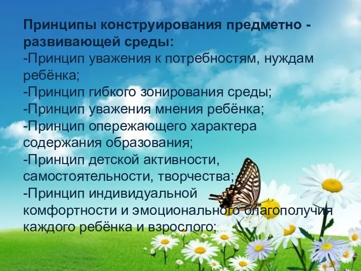 Принципы конструирования предметно - развивающей среды: -Принцип уважения к потребностям, нуждам ребёнка; -Принцип