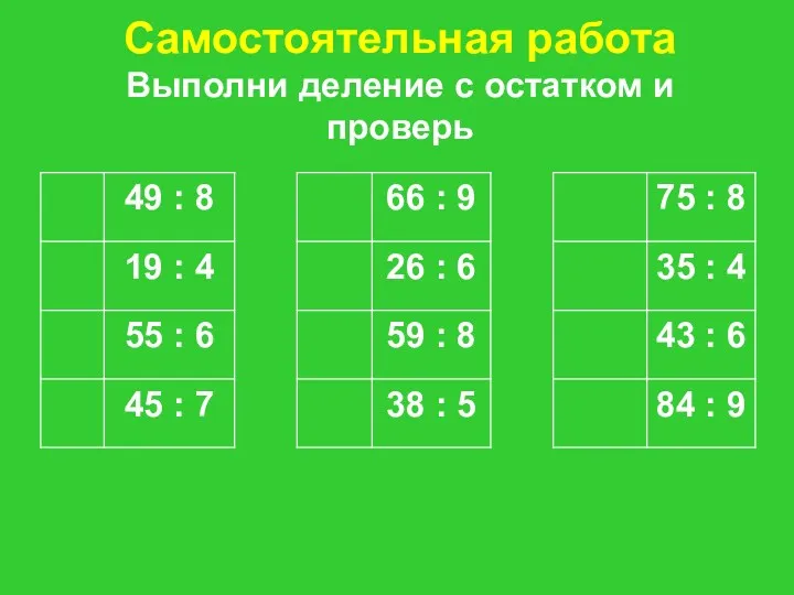 Самостоятельная работа Выполни деление с остатком и проверь