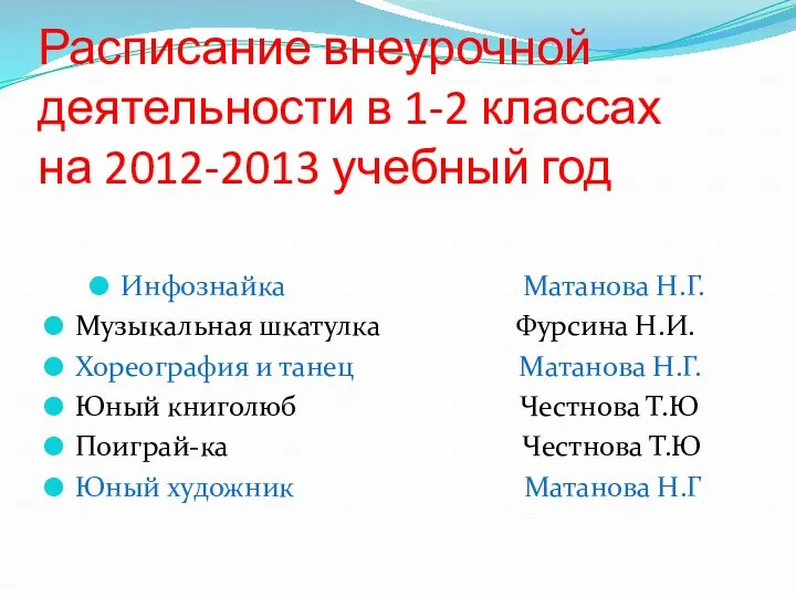 Расписание внеурочной деятельности в 1-2 классах на 2012-2013 учебный год Инфознайка Матанова Н.Г.